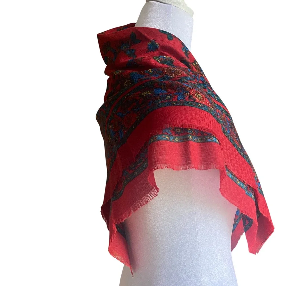 Vintage Made in Italy Red Floral Paisley Square Scarf Fringed 31x31